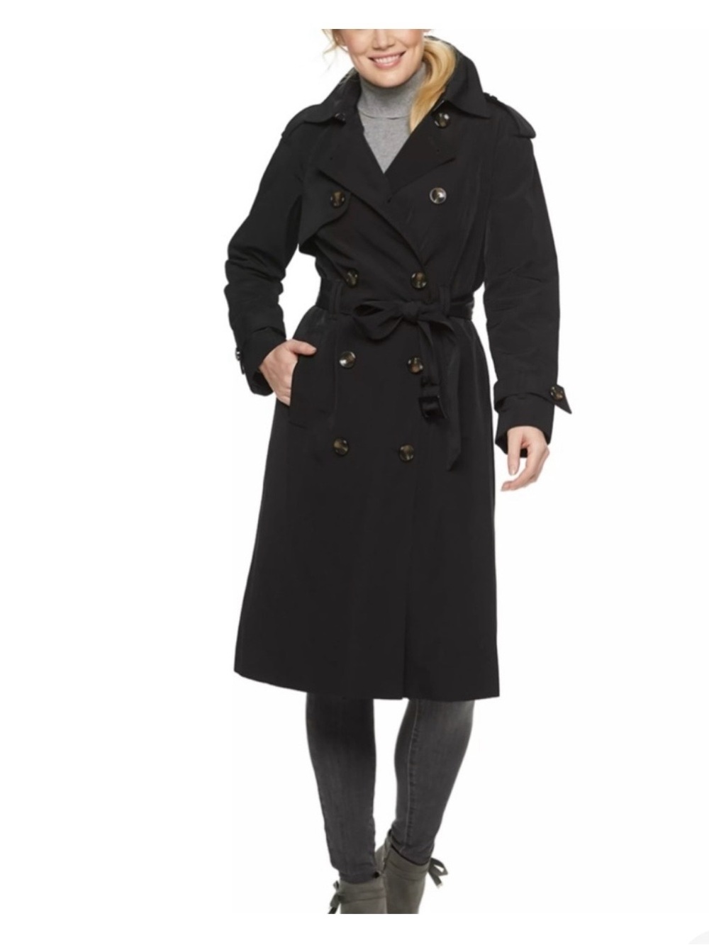 Women’s London Fog Classic Black Double-Breasted Trench Coat. Size 10P